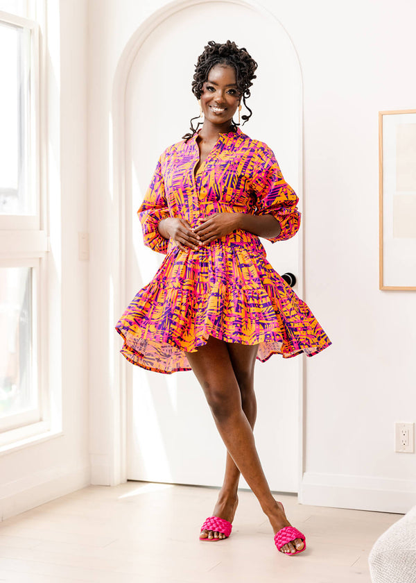 Terema Women's African Print Dress (Orange Abstract Leaves)