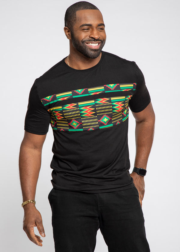 Abio African Print Color Blocked T-shirt (Black/Black Green Kente)- Clearance