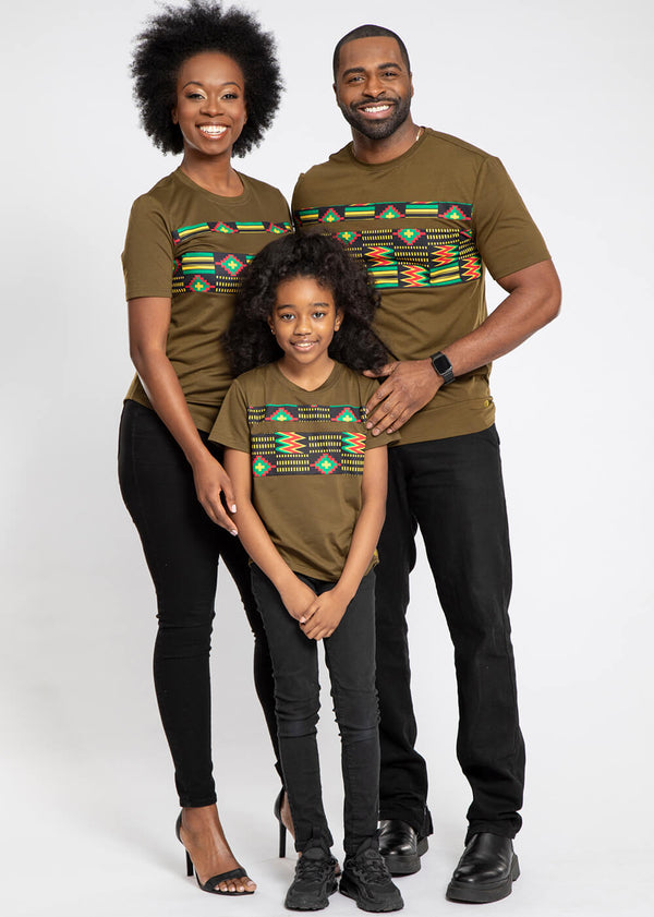 Umi Kid's African Print Color Blocked T-shirt (Olive Green/Black Green Kente)- Clearance