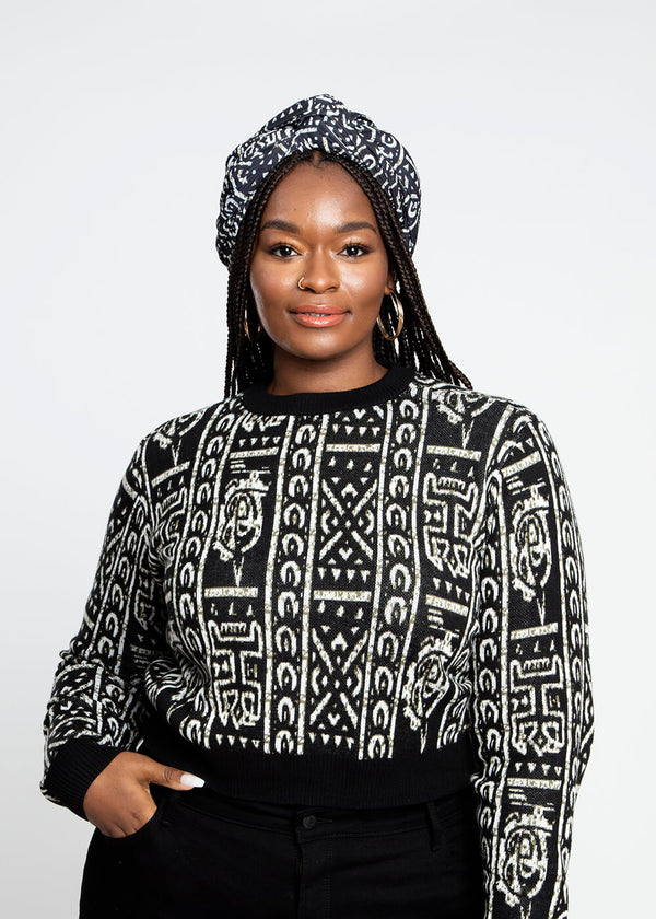 Ade African Print Knit Head Wrap (Black White Tribal) - Clearance