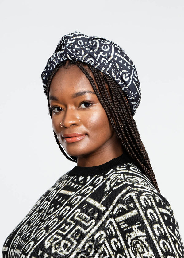 Ade African Print Knit Head Wrap (Black White Tribal) - Clearance