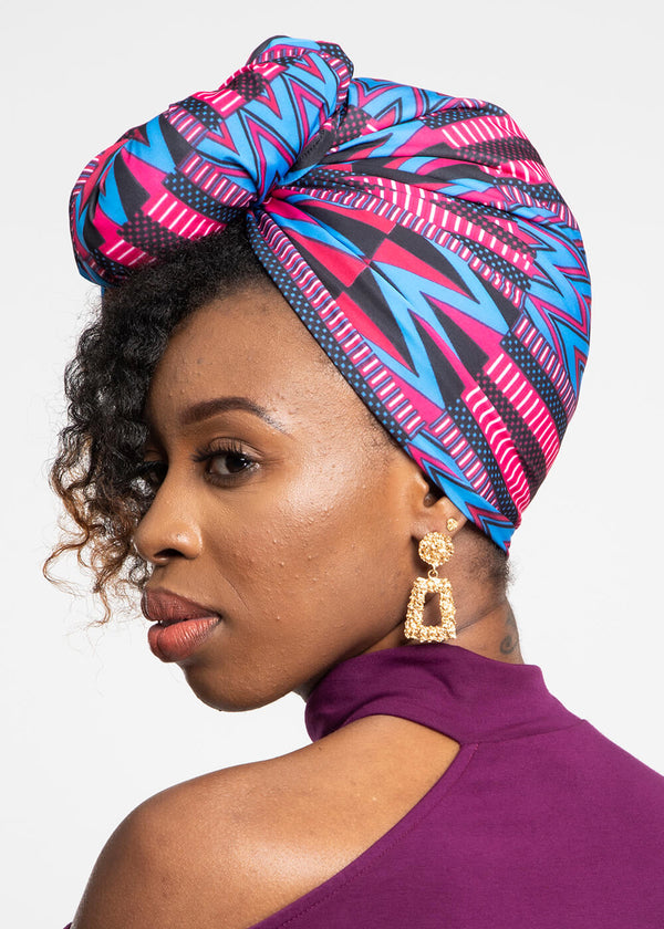 Ade African Print Knit Head Wrap (Magenta Blue Kente) - Clearance