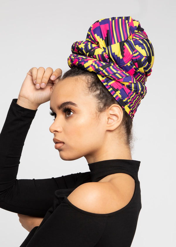Ade African Print Knit Head Wrap (Pink Yellow Kente) - Clearance