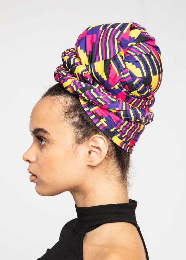 Ade African Print Knit Head Wrap (Pink Yellow Kente) - Clearance