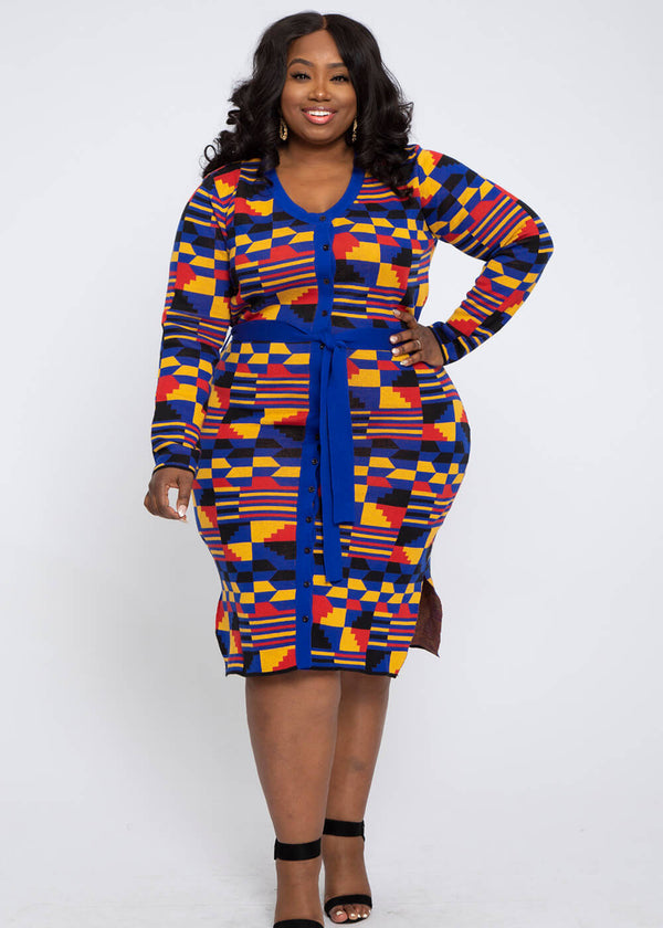 Afe Women's African Print Button-Up Sweater Dress (Indigo Red Kente)-Clearance