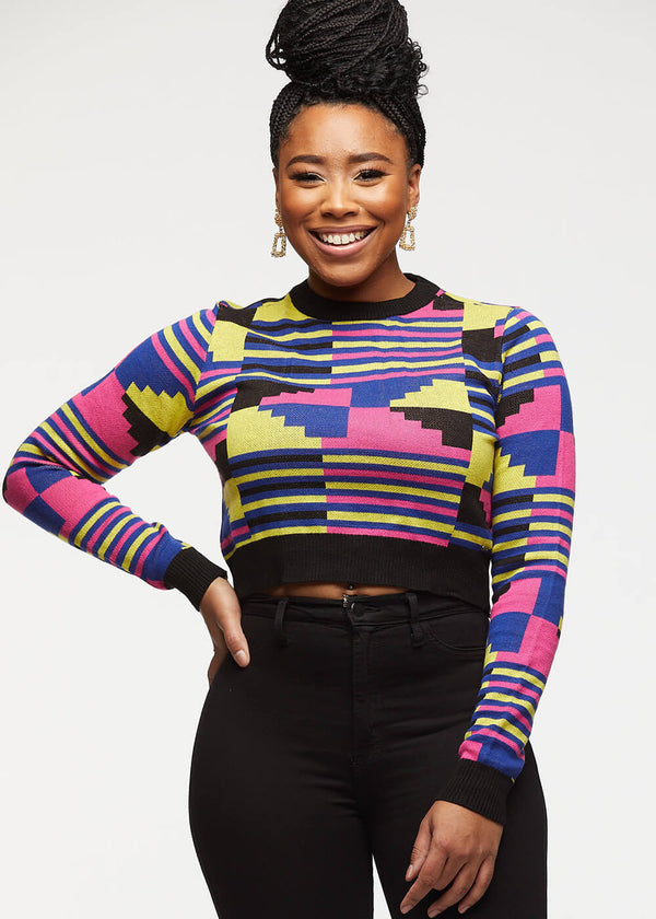 Ara Women's African Print Cropped Sweater (Pink Yellow Kente)-Clearance