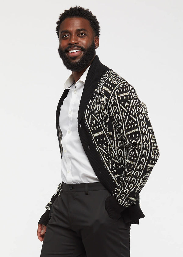 Aren African Print Button-Up Cardigan Sweater (Black/Black White Tribal)
