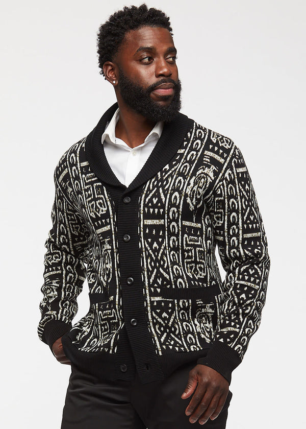 Aren African Print Button-Up Cardigan Sweater (Black/Black White Tribal)