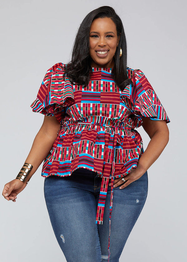 Ayani Women's Peplum Top with Butterfly Sleeve and Tie (Pink Blue Kente) - Clearance