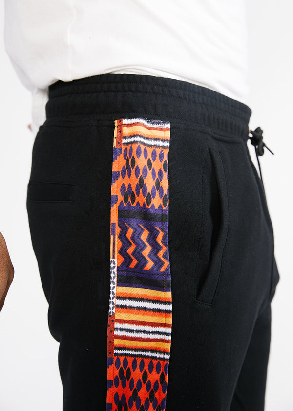 Faraji Men's African Print Color-Blocked Joggers (Black/Orange Navy Kente)