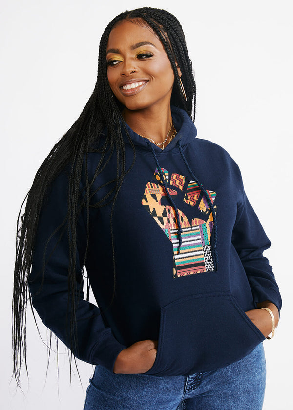 Hamisi Unisex African Print Graphic Fist Hoodie (Navy/ Gold Green Kente)