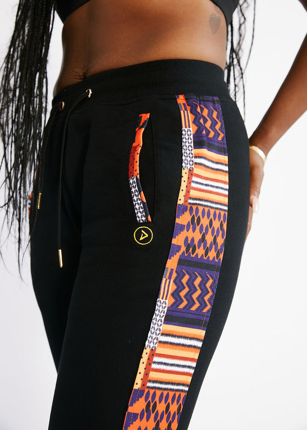 Ilipe Women's African Print Color-Blocked Joggers with Stripe (Black/Orange Navy Kente)