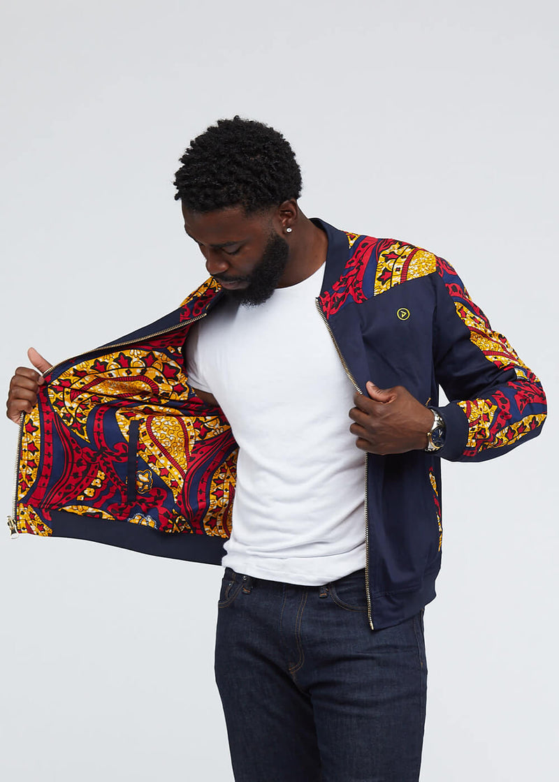 Ise African Print Reversible Bomber Jacket (Navy/Navy Gold Paisley)