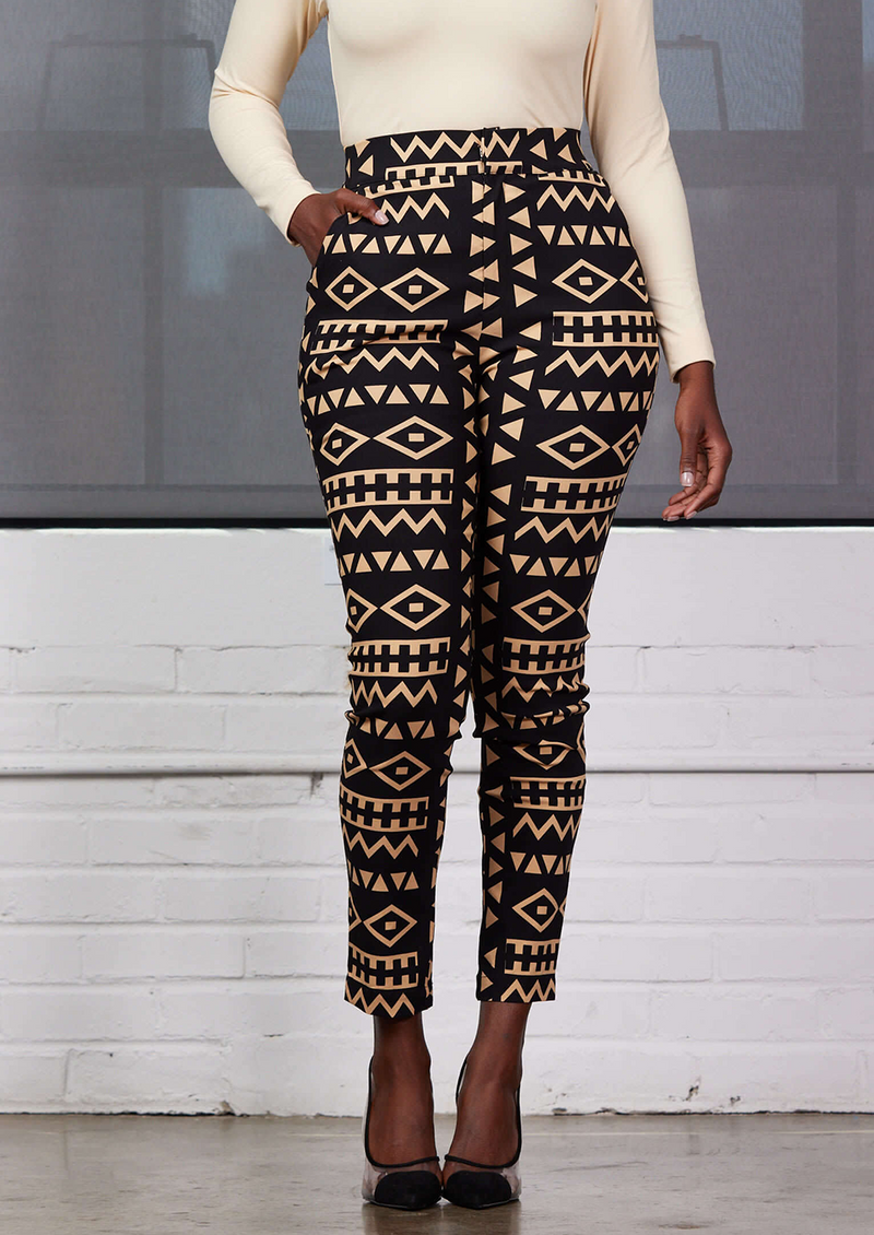 Talia Women's African Print Stretch Pants (Tan Black Tribal)