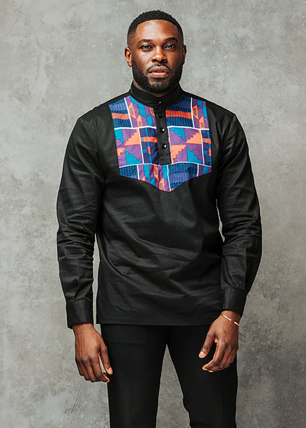 Meka Men's African Print Collared Henley Shirt (Black/Purple Navy Kente)
