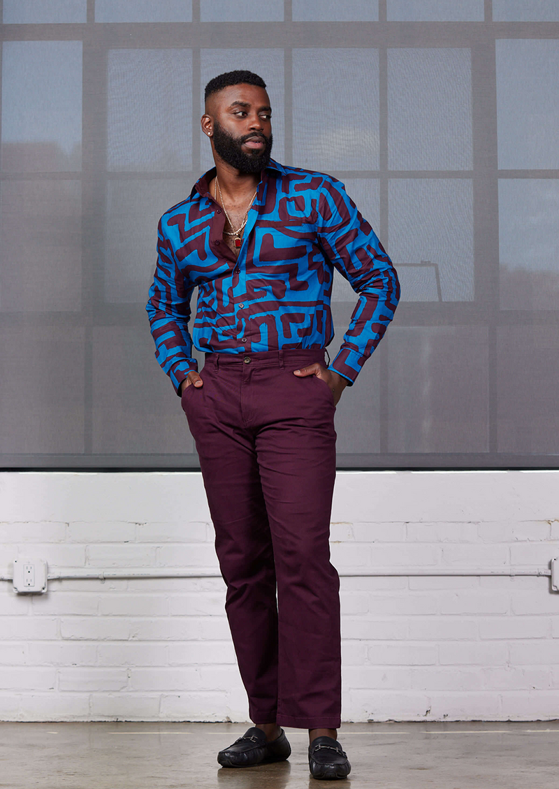 Chane Men's African Print Button-Up Shirt (Fig Blue Geometric)