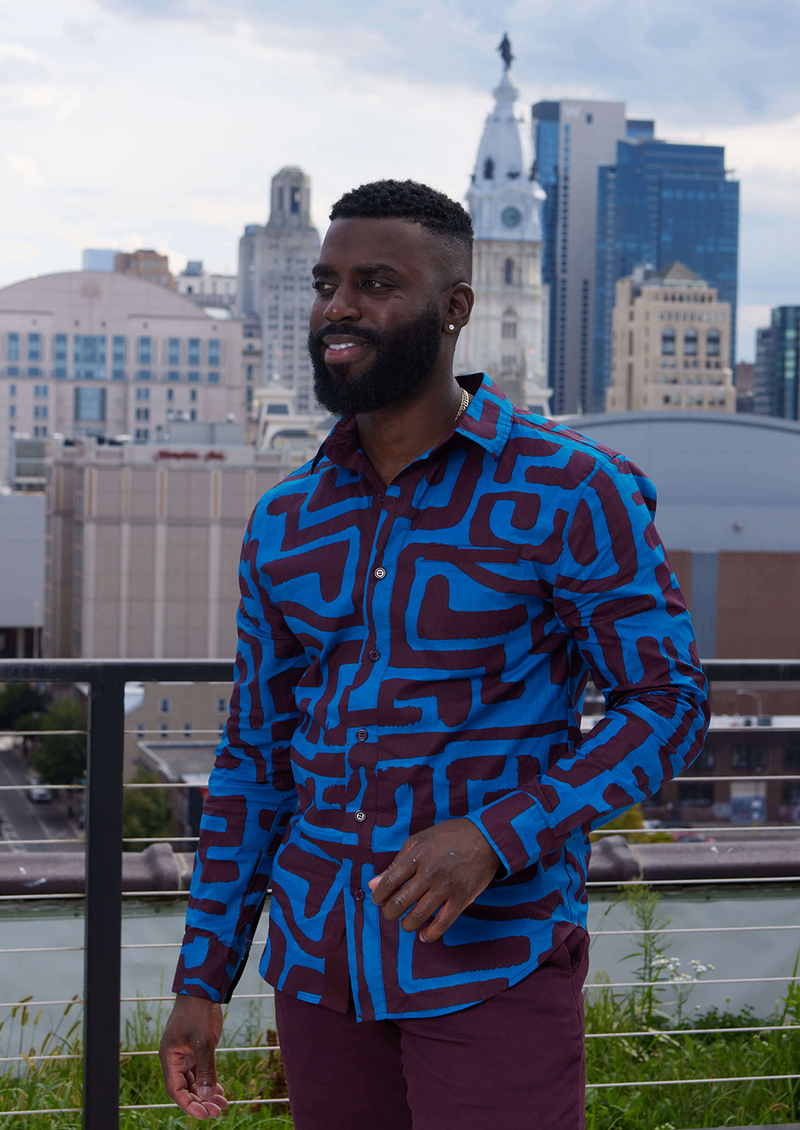 Chane Men's African Print Button-Up Shirt (Fig Blue Geometric)