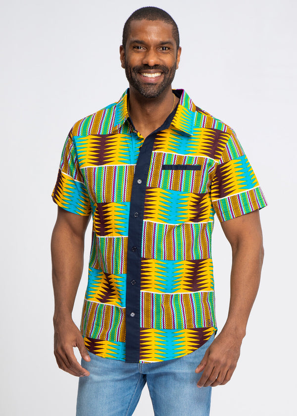 Dhiso Men's African Print Color-Blocked Button-Up Shirt (Turquoise Yellow Kente) - Clearance