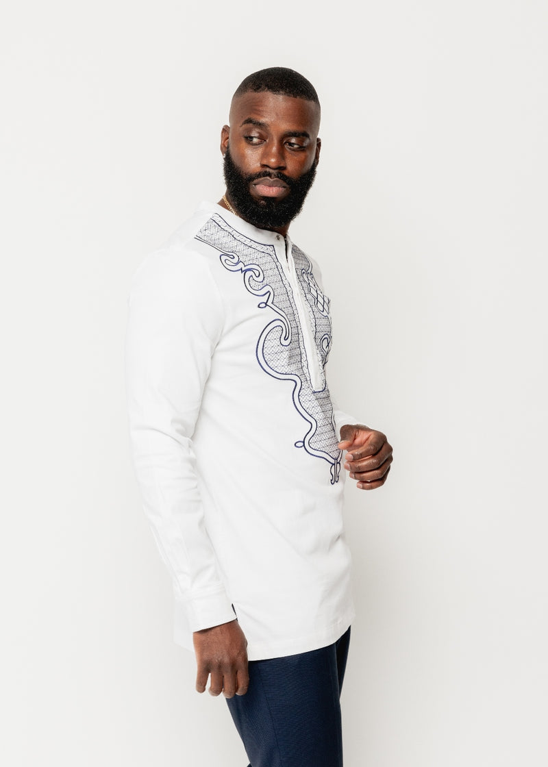 Dubaku Men's Traditional African Embroidery Shirt (White)