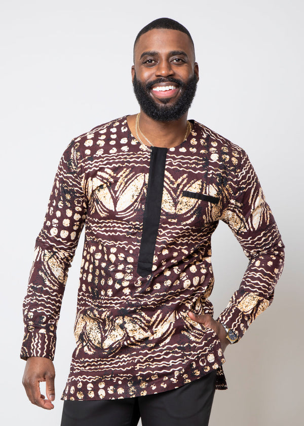 Ibrahim Men's African Print Traditional Shirt (Brown Black Adire)