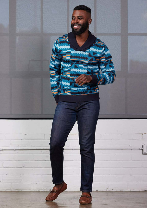 Iferan Men's African Print Sweater (Teal Kente) - Clearance