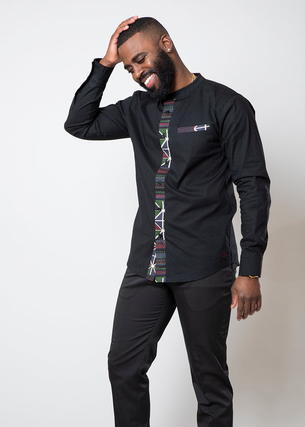 Ireti Men's African Print Color-Blocked Button-Up Shirt (Black/Black Red Kente)