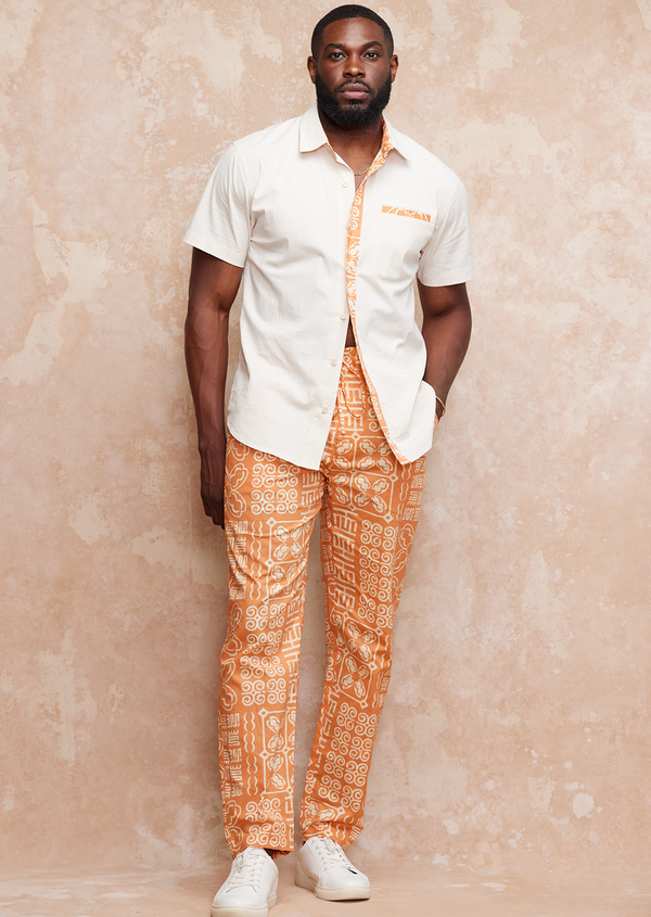 Kamau Men's African Print Drawstring Pants (Light Orange Adire)