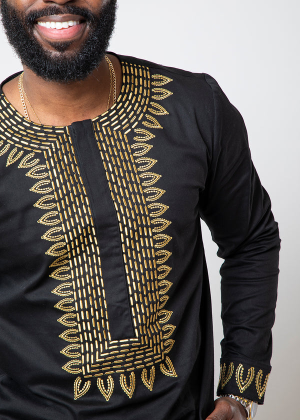 Karim Men's Embroidered Traditional Top (Black with Gold Embroidery)