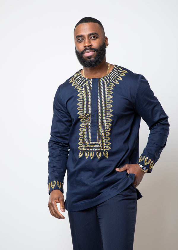 Karim Men's Embroidered Traditional Top (Navy with Gold Embroidery)