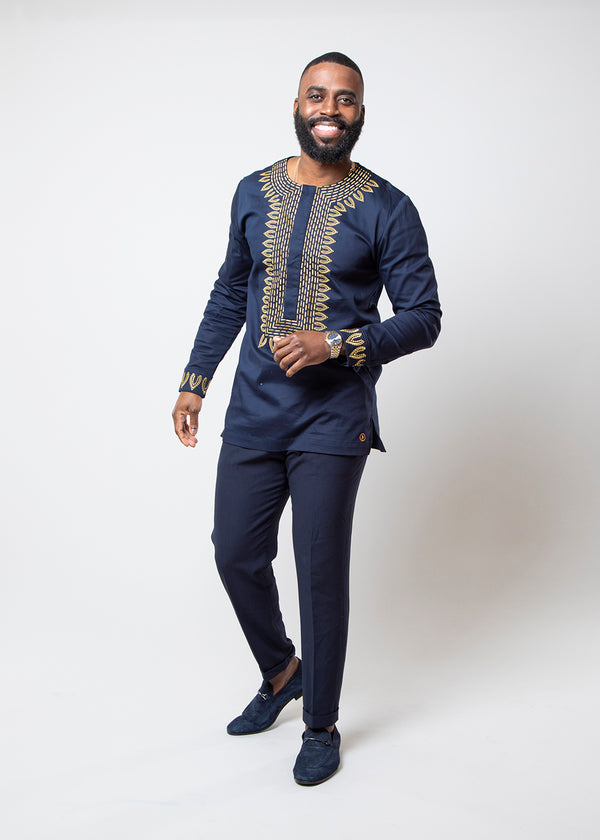 Karim Men's Embroidered Traditional Top (Navy with Gold Embroidery)