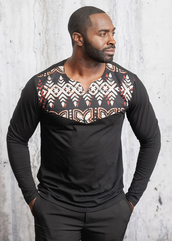 Khalil Men's African Print Long Sleeve Color-Blocked T-Shirt (Black Tan Batik) - Clearance