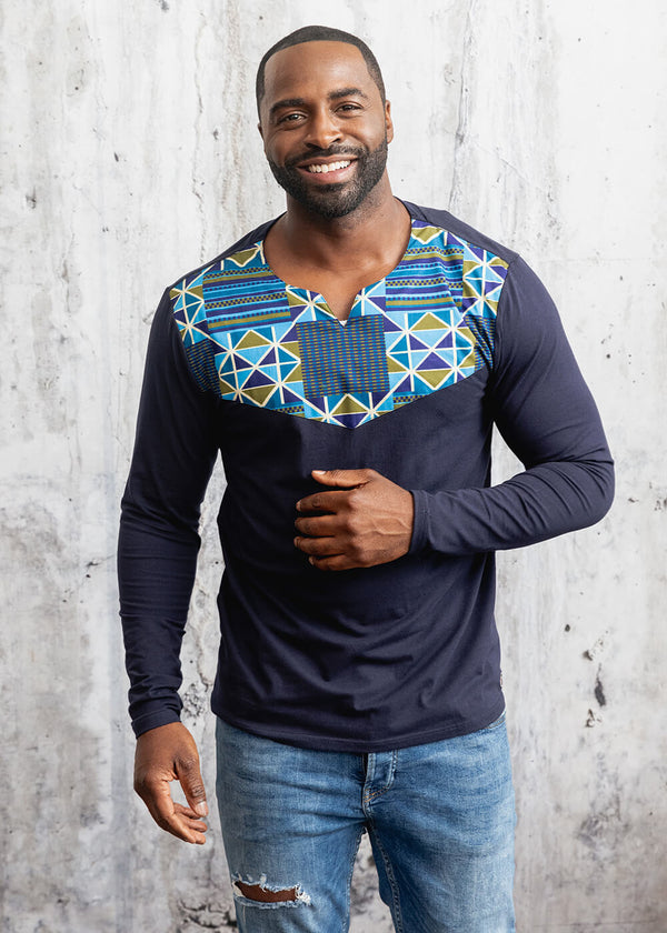 Khalil Men's African Print Long Sleeve Color-Blocked T-Shirt (Navy Olive Kente) - Clearance