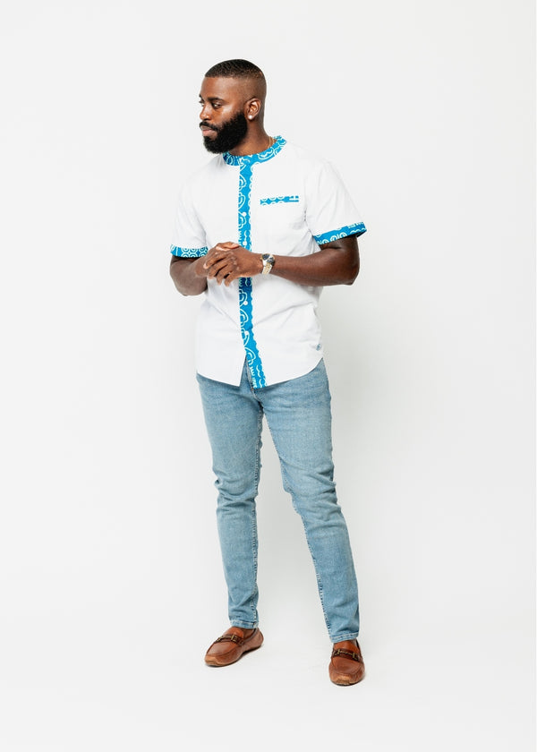 Mandari Men's African Print Color-Blocked Button-Up Shirt (White/Cool Blue Adire) - Clearance