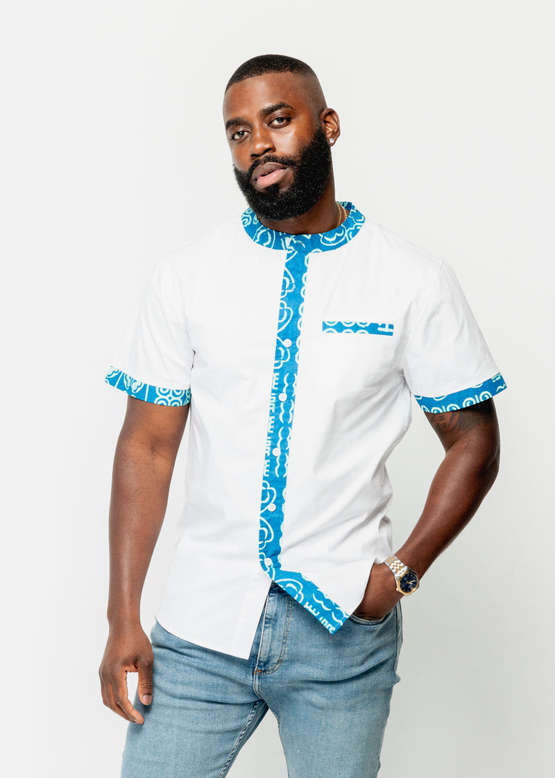 Mandari Men's African Print Color-Blocked Button-Up Shirt (White/Cool Blue Adire) - Clearance