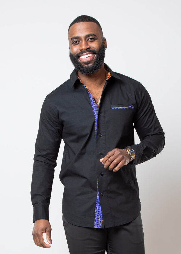 Obasi African Print Long Sleeve Button-Up Shirt (Black/Purple Mandala)