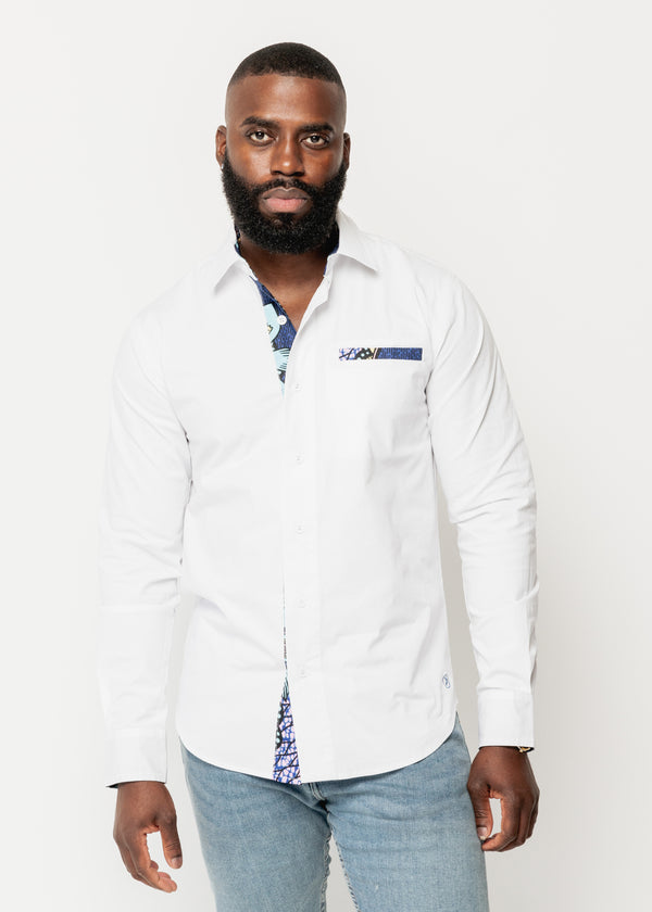 Obasi African Print Long Sleeve Button-Up Shirt (White/Light Blue Pink Iris) - Clearance