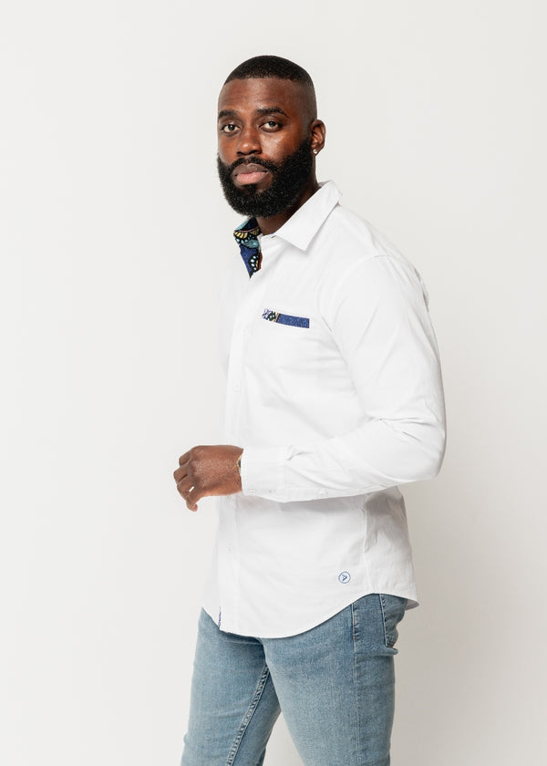 Obasi African Print Long Sleeve Button-Up Shirt (White/Light Blue Pink Iris) - Clearance