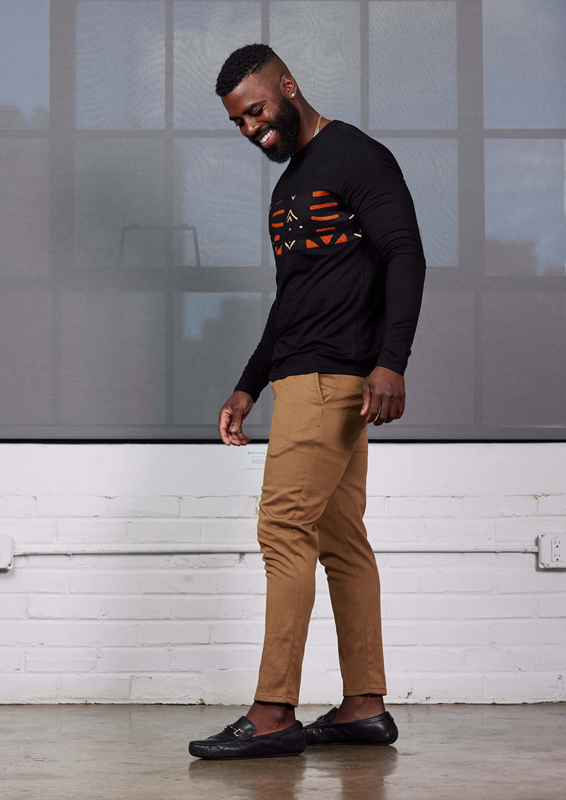 Ore Men's African Print Long Sleeve T-shirt (Black/Natural Mudcloth)