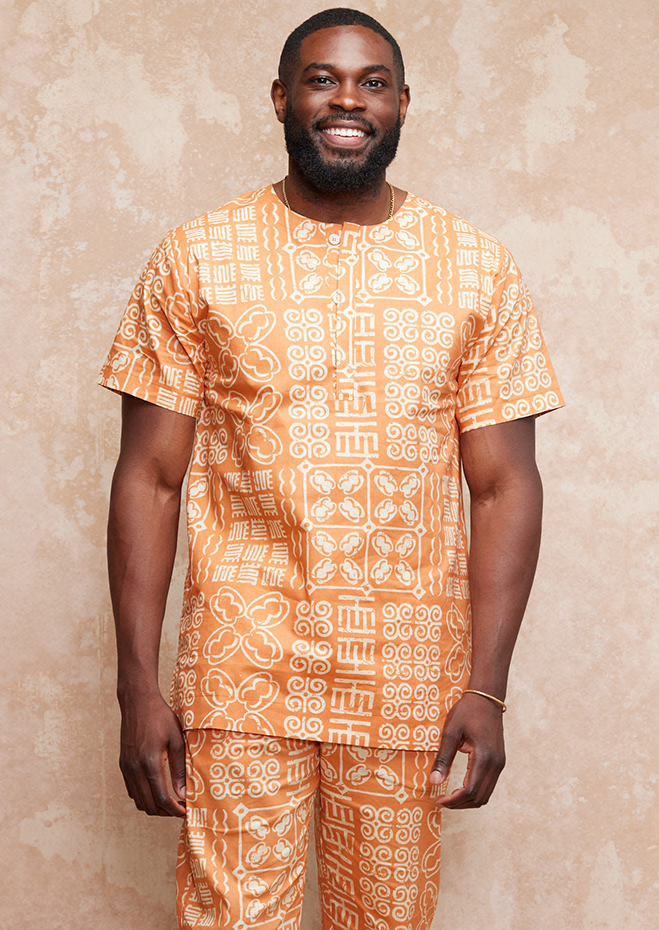 Runako Men's African Print Traditional Shirt (Light Orange Adire) -Clearance