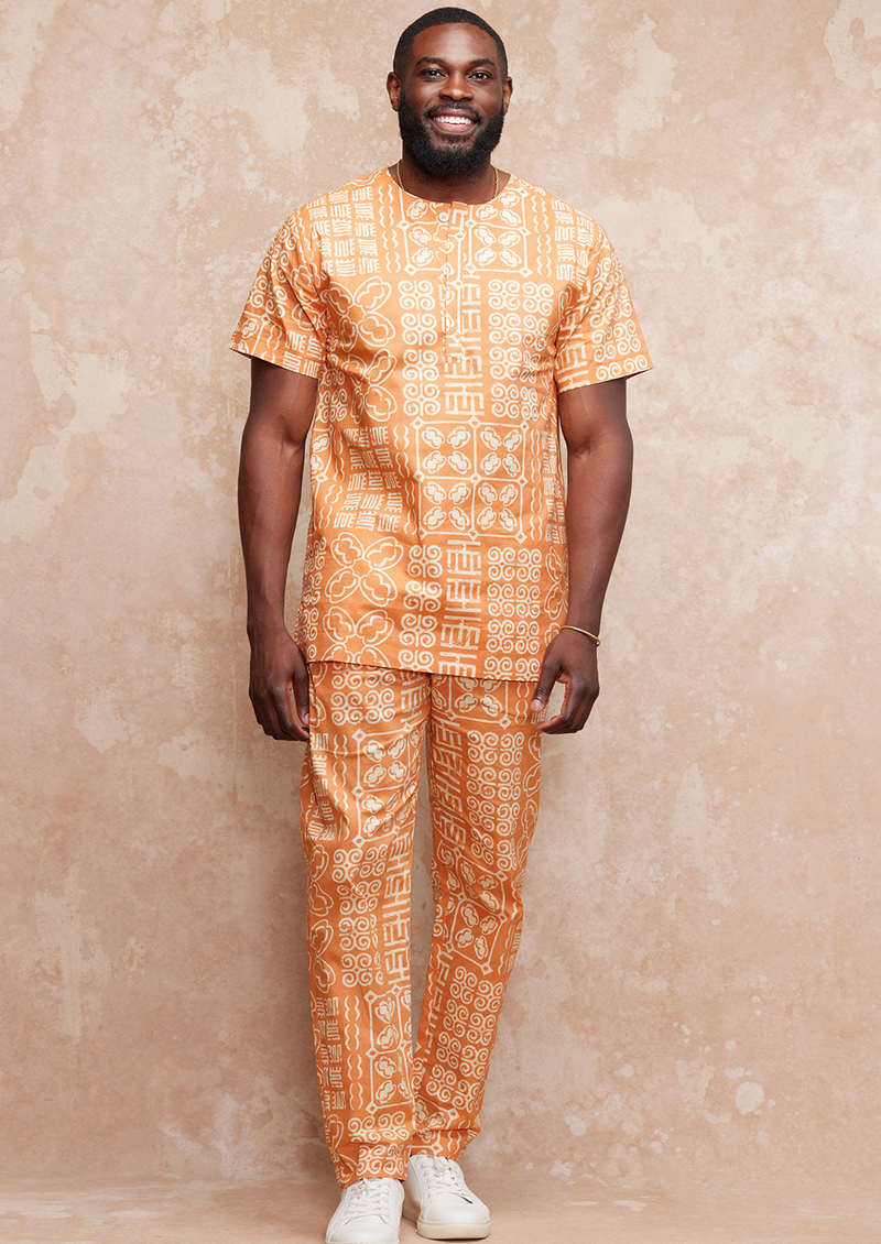 Runako Men's African Print Traditional Shirt (Light Orange Adire) -Clearance