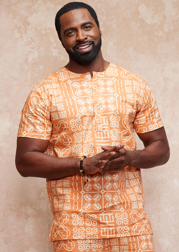 Runako Men's African Print Traditional Shirt (Light Orange Adire)