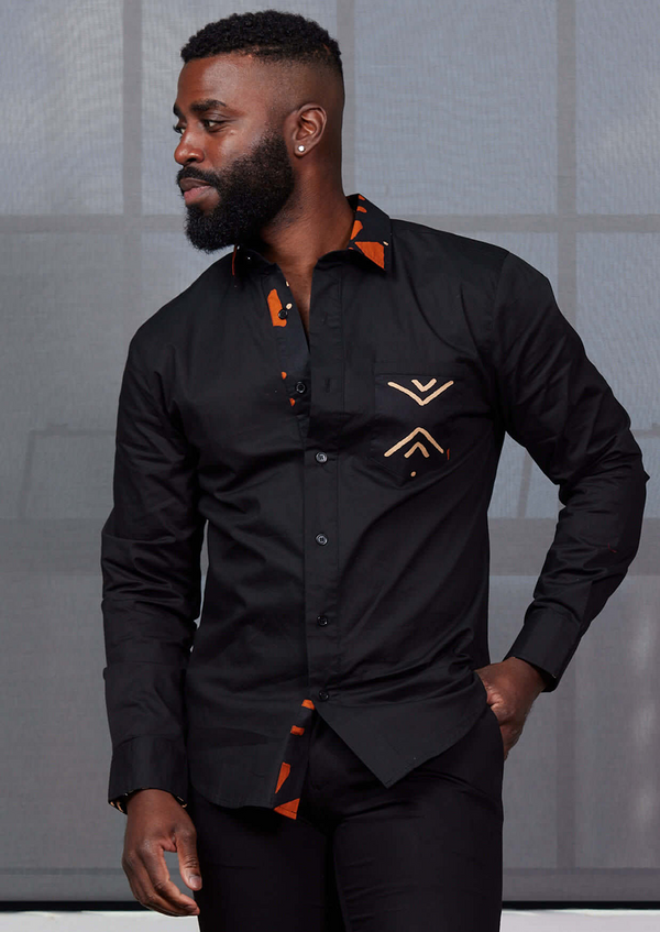 Sajoyo Men's African Print Button-Up Shirt (Black/Natural Mudcloth)