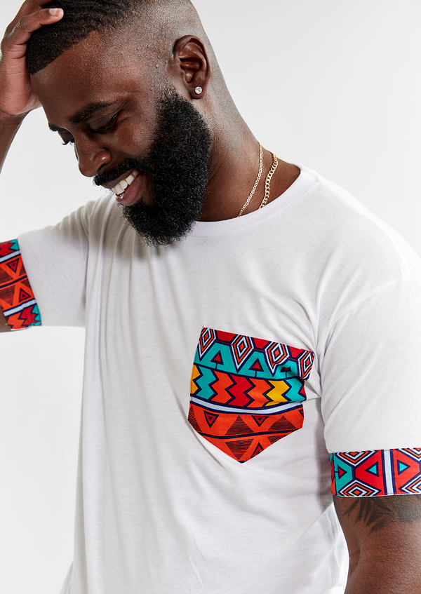 Seun Men's African Print T-Shirt with Pocket (White/Rainbow Tribal) - Clearance