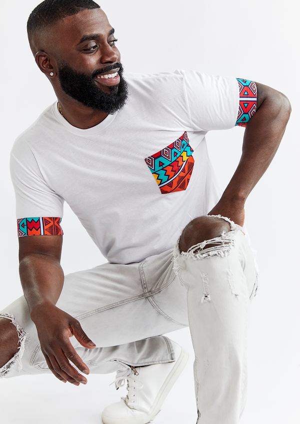 Seun Men's African Print T-Shirt with Pocket (White/Rainbow Tribal) - Clearance