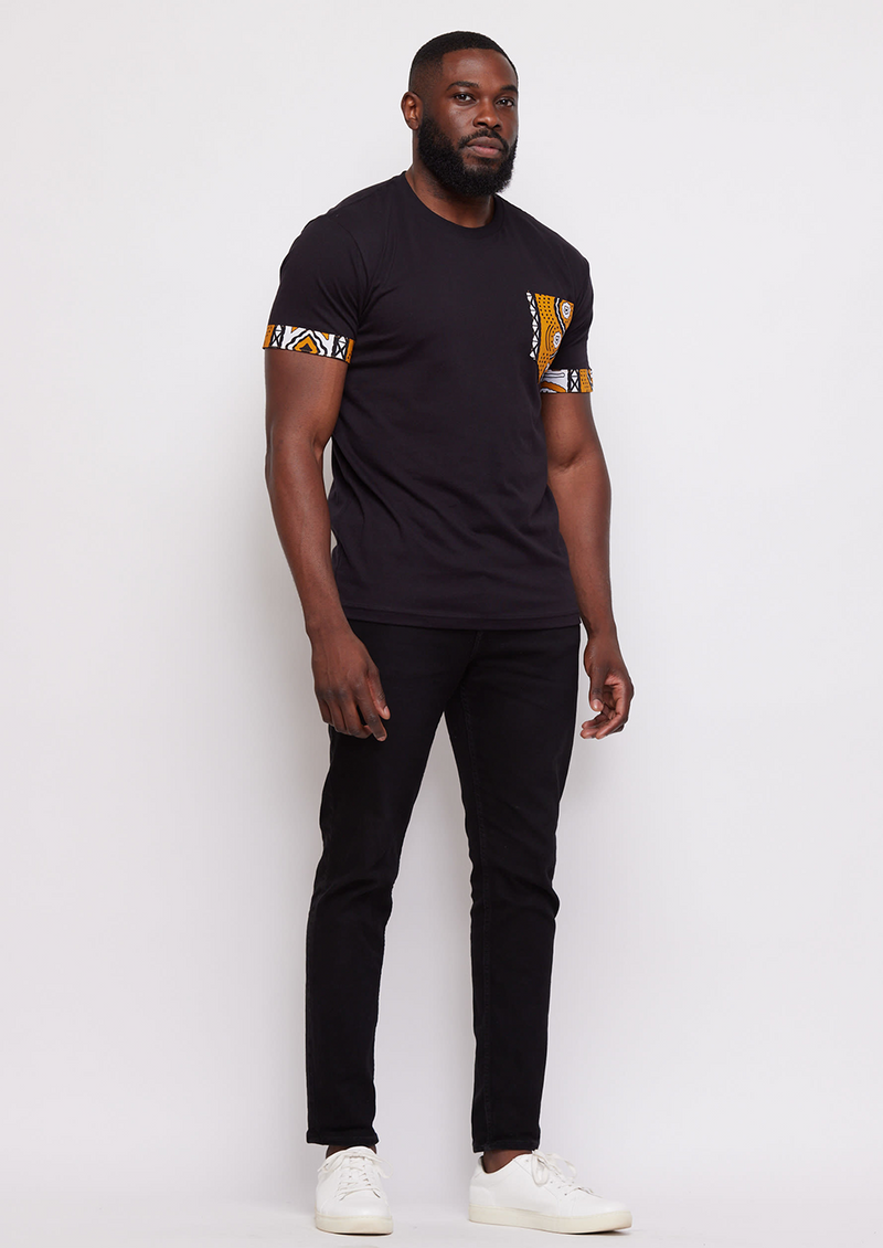 Seun Men's African Print Applique T-shirt (Black/Gold White Mudcloth)