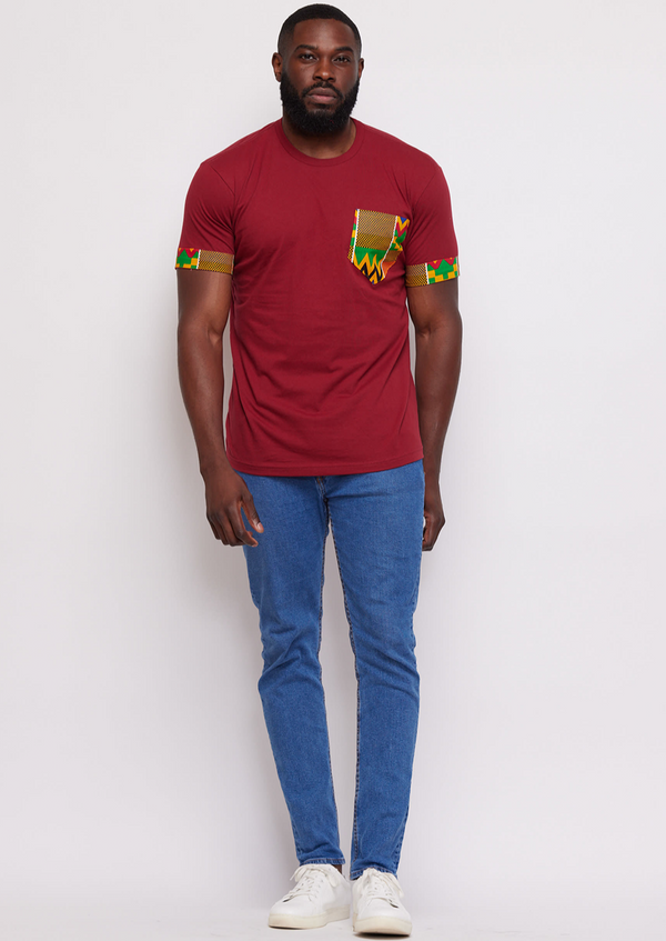 Seun Men's African Print Applique T-shirt (Maroon/Green Yellow Kente)