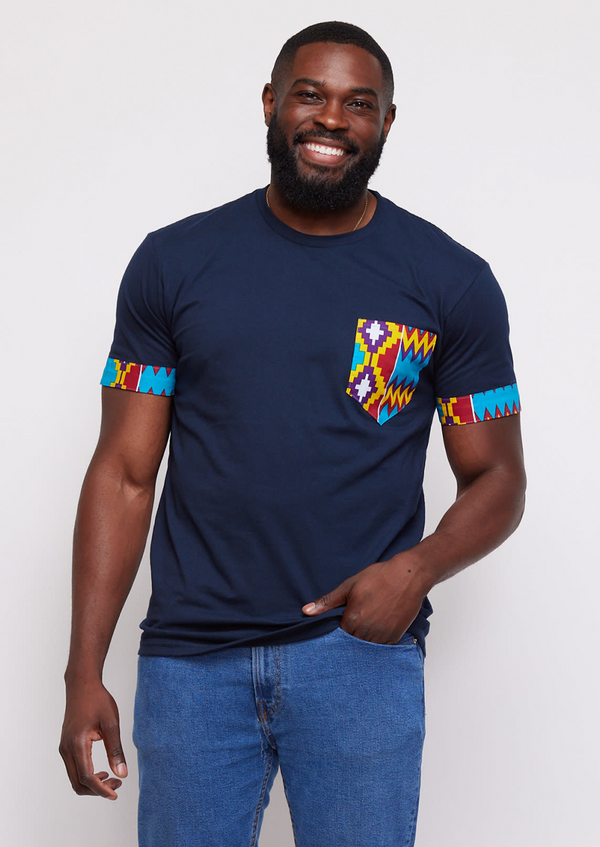 Seun Men's African Print Applique T-shirt (Navy/Sky Blue Yellow Kente)