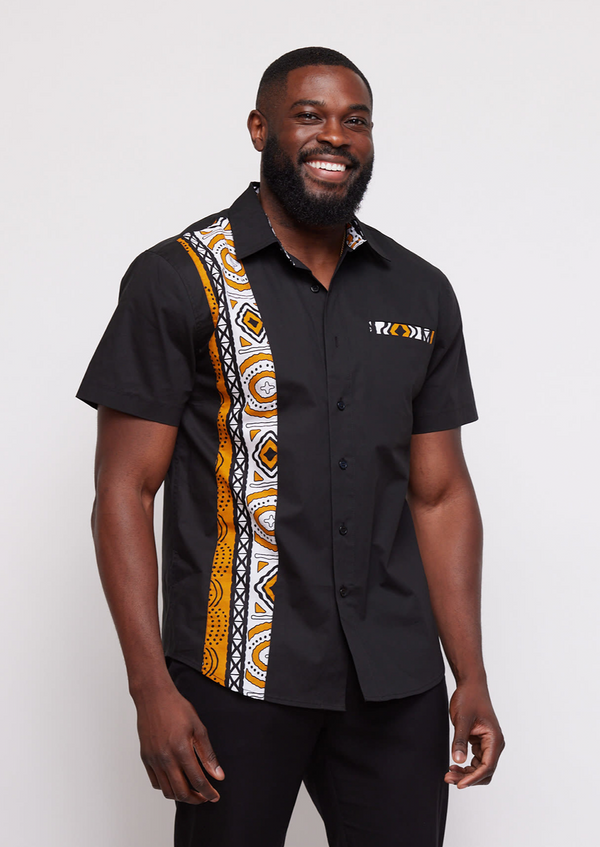 Tumelo Men's Applique Button-Up Shirt (Black/Gold White Mudcloth)
