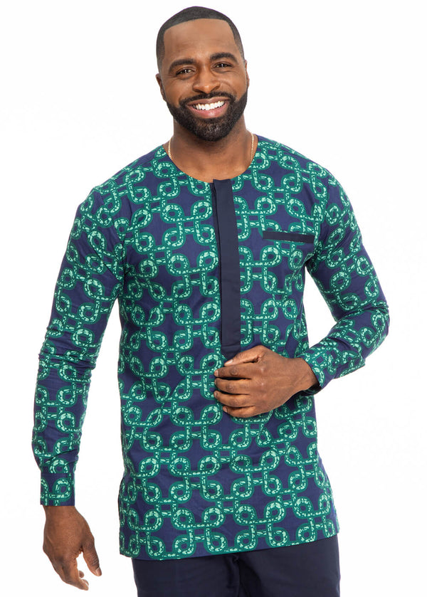 Ibrahim Men's African Print Traditional Shirt (Green Adinkra)