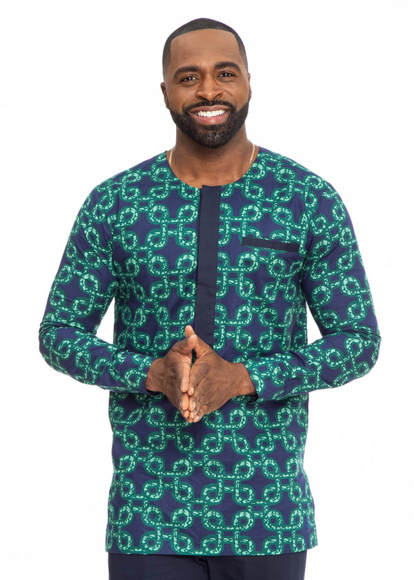 Ibrahim Men's African Print Traditional Shirt (Green Adinkra)